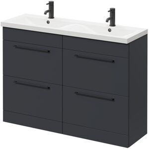 Gloss Grey 1200mm Floor Standing Vanity Unit with Ceramic Double Basin and 4 Drawers with Matt Black Handles - Gloss Grey - Napoli