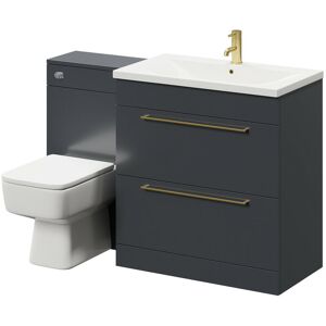 Gloss Grey 1300mm Vanity Unit Toilet Suite with 1 Tap Hole Basin and 2 Drawers with Brushed Brass Handles - Gloss Grey - Napoli