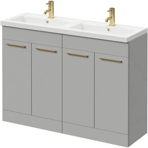 Gloss Grey Pearl 1200mm Floor Standing Vanity Unit with Polymarble Double Basin and 4 Doors with Brushed Brass Handles - Gloss Grey Pearl - Napoli