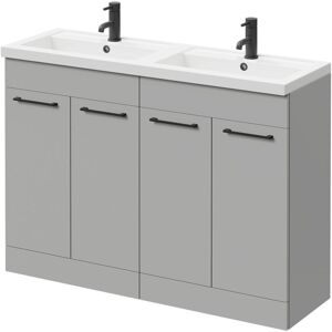 Gloss Grey Pearl 1200mm Floor Standing Vanity Unit with Polymarble Double Basin and 4 Doors with Matt Black Handles - Gloss Grey Pearl - Napoli