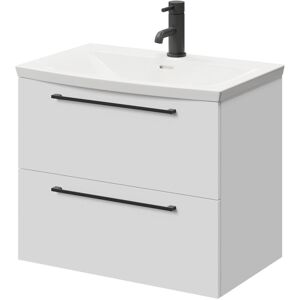 Napoli - Gloss White 600mm Wall Mounted Vanity Unit with 1 Tap Hole Curved Basin and 2 Drawers with Matt Black Handles - Gloss White