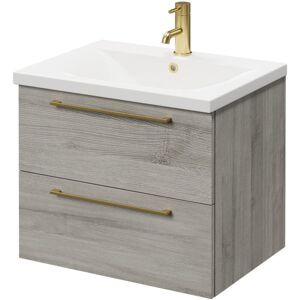 Molina Ash 600mm Wall Mounted Vanity Unit with 1 Tap Hole Basin and 2 Drawers with Brushed Brass Handles - Molina Ash - Napoli