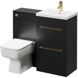 Napoli Nero Oak 1000mm Vanity Unit Toilet Suite with 1 Tap Hole Basin and 2 Drawers with Brushed Brass Handles - Nero Oak