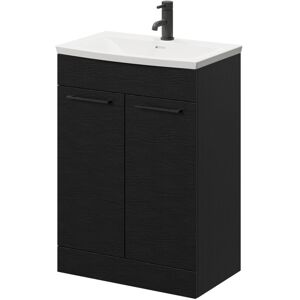 Nero Oak 600mm Floor Standing Vanity Unit with 1 Tap Hole Curved Basin and 2 Doors with Matt Black Handles - Nero Oak - Napoli