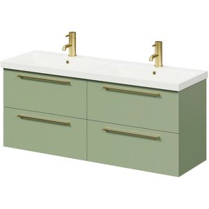 Olive Green 1200mm Wall Mounted Vanity Unit with Ceramic Double Basin and 4 Drawers with Brushed Brass Handles - Olive Green - Napoli