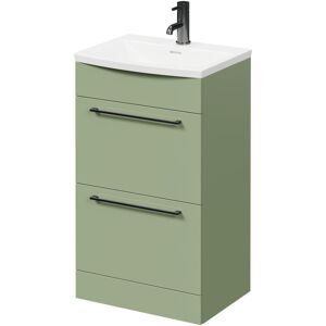 Olive Green 500mm Floor Standing Vanity Unit with 1 Tap Hole Curved Basin and 2 Drawers with Gunmetal Grey Handles - Olive Green - Napoli