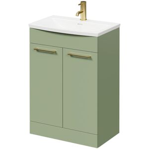 Olive Green 600mm Floor Standing Vanity Unit with 1 Tap Hole Curved Basin and 2 Doors with Brushed Brass Handles - Olive Green - Napoli