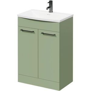 Olive Green 600mm Floor Standing Vanity Unit with 1 Tap Hole Curved Basin and 2 Doors with Gunmetal Grey Handles - Olive Green - Napoli