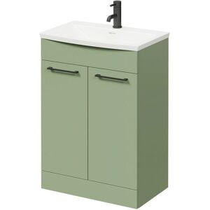 Napoli - Olive Green 600mm Floor Standing Vanity Unit with 1 Tap Hole Curved Basin and 2 Doors with Matt Black Handles - Olive Green