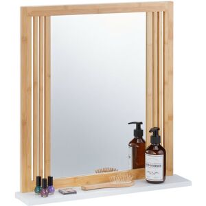 Bathroom Mirror with Shelf, Bamboo & mdf, Rectangular, HxWxD 56.5 x 54 x 10 cm, Wall Mounting, Natural/White - Relaxdays