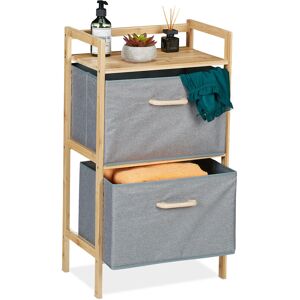 Bathroom Unit with 2 Laundry Baskets, Open Shelf & Fabric Drawers, hwd: 76 x 43 x 27 cm, Bamboo, Natural/Grey - Relaxdays