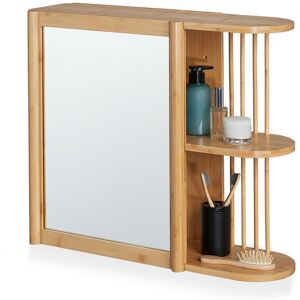 Relaxdays Wall Shelf with Mirror, Bamboo, 2 Half Open Shelves, 53x62x20 cm, Bathroom, Hanging, Cabinet, Natural Wood