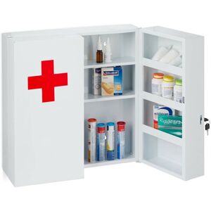 Xxl Medicine Cabinet, 2 Doors, Lockable, 11 Compartments, 53.5 x 53 x 19 cm, Steel, Wall Mounted, White/Red - Relaxdays