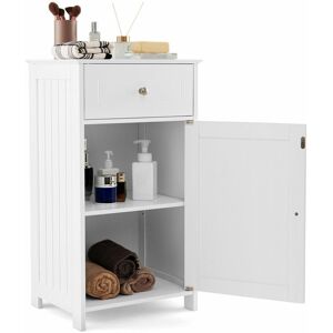 Costway - Single Door Bathroom Floor Cabinet Wood Storage Organizer Adjustable Shelves