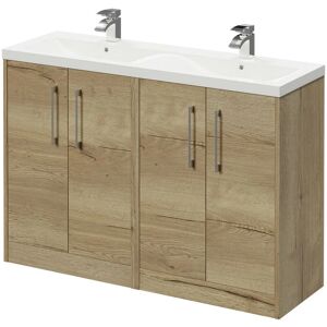 WHOLESALE DOMESTIC Horizon Autumn Oak 1200mm Floor Standing Vanity Unit with Ceramic Double Basin and 4 Doors with Polished Chrome Handles - Autumn Oak - Wholesale