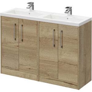 WHOLESALE DOMESTIC Horizon Autumn Oak 1200mm Floor Standing Vanity Unit with Polymarble Double Basin and 4 Doors with Polished Chrome Handles - Autumn Oak - Wholesale