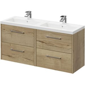 Wholesale Domestic - Horizon Autumn Oak 1200mm Wall Mounted Vanity Unit with Polymarble Double Basin and 4 Drawers with Polished Chrome Handles