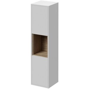 Tidal Gloss White 350mm x 1400mm Wall Mounted Tall Storage Unit with 2 Doors and Natural Oak Open Shelf - Gloss White/Natural Oak - Wholesale Domestic