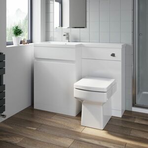 AQUARI White Combination Vanity Unit Basin Sink Toilet Bathroom Furniture 1100mm Left Hand & Square Toilet Pan Matte
