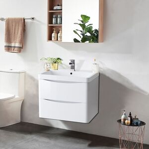 NRG - 2 Drawer Wall Hung Bathroom Cabinet Vanity Sink Unit with Basin 600mm Gloss White