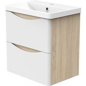 AICA SANITAIRE Wall Hung Bathroom Vanity Basin Unit 2 Soft Close Drawers Bathroom Furniture Set Flat Pack - 500mm Matt White+Oak Body