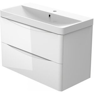 AICA SANITAIRE Wall Hung Bathroom Vanity Basin Unit 2 Soft Close Drawers Bathroom Furniture Set Flat Pack - 800mm Gloss White