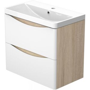 AICA SANITAIRE Wall Hung Bathroom Vanity Basin Unit 2 Soft Close Drawers Bathroom Furniture Set Flat Pack - 600mm Matt White+Oak Body