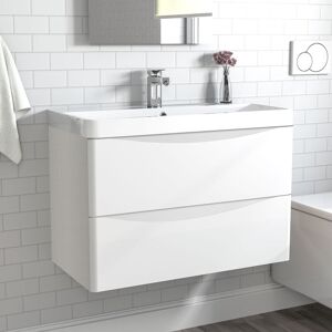 Aica Sanitaire - 2 Drawers Wall Hung Bathroom Cabinet Vanity Sink Unit with Basin, Gloss White - 800mm