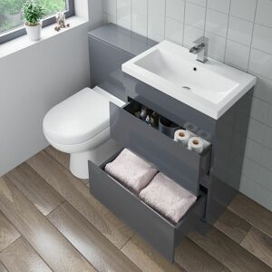 AQUARI 600mm Bathroom Drawer Vanity Unit Basin Toilet Soft Close Seat Modern Gloss Grey