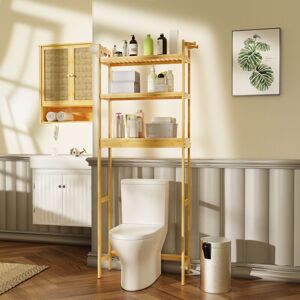 UNHO Bamboo Over-The-Toilet Storage Cabinet Bathroom Organizer with Shelf and Cupboard