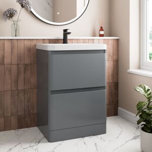 AQUARI Grey Bathroom Furniture Vanity Unit Basin Storage Cabinet Cupboard 600mm