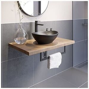 Vitusso - Bathroom Oak Wall Hung Vanity Unit and Basin Sink Cabinet Storage 600mm Floating Shelf with 405mm Oval Black Basin