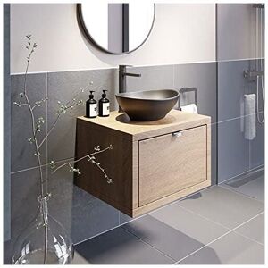 Vitusso - Bathroom Oak Wall Hung Vanity Unit and Basin Sink Cabinet Storage 600mm with 405mm Oval Black Basin