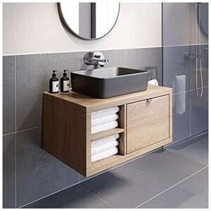VITUSSO Bathroom Oak Wall Hung Vanity Unit and Basin Sink Cabinet Storage 800mm Shelving Unit with 480mm Rectangular Black Basin