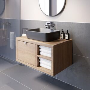 VITUSSO Bathroom Oak Wall Hung Vanity Unit and Basin Sink Cabinet Storage 800mm Right Hand Shelving Unit with 480mm Rectangular Black Basin