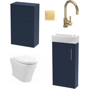 BALTERLEY Cloakroom Suite - Left Hand 440mm Vanity, WC Unit, Toilet and Tap - Blue/Brass