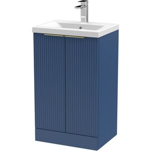 BALTERLEY Fluted Front Floor Standing 2 Soft Close Door Bathroom Vanity Unit with 1 Tap Hole Basin, 500mm, Satin Blue, Brushed Brass Handles