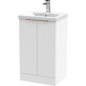 BALTERLEY Fluted Front Floor Standing 2 Soft Close Door Bathroom Vanity Unit with 1 Tap Hole Basin, 500mm, Satin White, Brushed Brass Handles