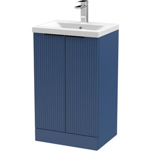 BALTERLEY Fluted Front Floor Standing 2 Soft Close Door Bathroom Vanity Unit with 1 Tap Hole Basin, 500mm, Satin Blue, Black Handles