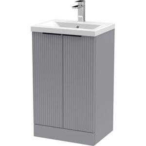 BALTERLEY Fluted Front Floor Standing 2 Soft Close Door Bathroom Vanity Unit with 1 Tap Hole Basin, 500mm, Satin Grey, Black Handles