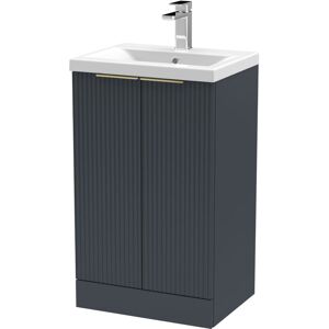 BALTERLEY Fluted Front Floor Standing 2 Soft Close Door Bathroom Vanity Unit with 1 Tap Hole Basin, 500mm, Dark Grey, Brushed Brass Handles