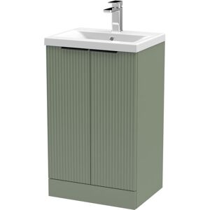 BALTERLEY Fluted Front Floor Standing 2 Soft Close Door Bathroom Vanity Unit with 1 Tap Hole Ceramic Basin, 500mm, Satin Green, Black Handles