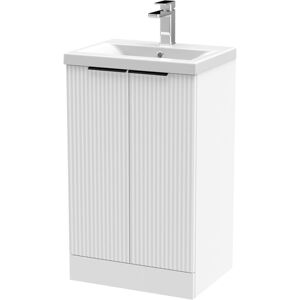 BALTERLEY Fluted Front Floor Standing 2 Soft Close Door Bathroom Vanity Unit with 1 Tap Hole Basin, 500mm, Satin White, Black Handles