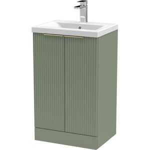 BALTERLEY Fluted Front Floor Standing 2 Soft Close Door Bathroom Vanity Unit with 1 Tap Hole Ceramic Basin, 500mm, Satin Green, Brushed Brass Handles