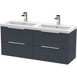 BALTERLEY Contemporary Fluted Front Wall Hung 4 Soft Close Drawer Bathroom Vanity Unit with Double Polymarble Basin, 1200mm, Dark grey