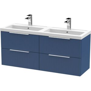 BALTERLEY Fluted Front Wall Hung 4 Soft Close Drawer Bathroom Vanity Unit with 2 Tap Hole Double Polymarble Basin, 1200mm, Satin Blue