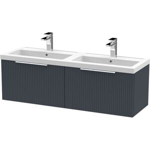 BALTERLEY Contemporary Fluted Front Wall Hung 2 Soft Close Drawer Bathroom Vanity Unit with Double Polymarble Basin, 1200mm, Dark Grey