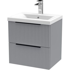 BALTERLEY Fluted Front Wall Hung 2-Drawer Bathroom Vanity Unit 1 Tap Hole Basin, 500mm, Satin Grey - Black Handles
