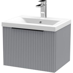 BALTERLEY Fluted Front Wall Hung Single Drawer Bathroom Vanity Unit with 1 Tap Hole Basin, 500mm, Satin Grey - Black Handles