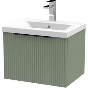 BALTERLEY Fluted Front Wall Hung Single Drawer Bathroom Vanity Unit with 1 Tap Hole Ceramic Basin, 500mm, Satin Green, Black Handles